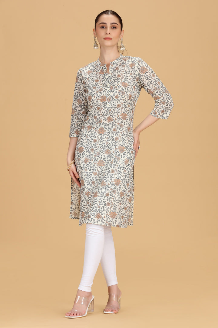 Off White Cotton Printed Straight Kurta for women