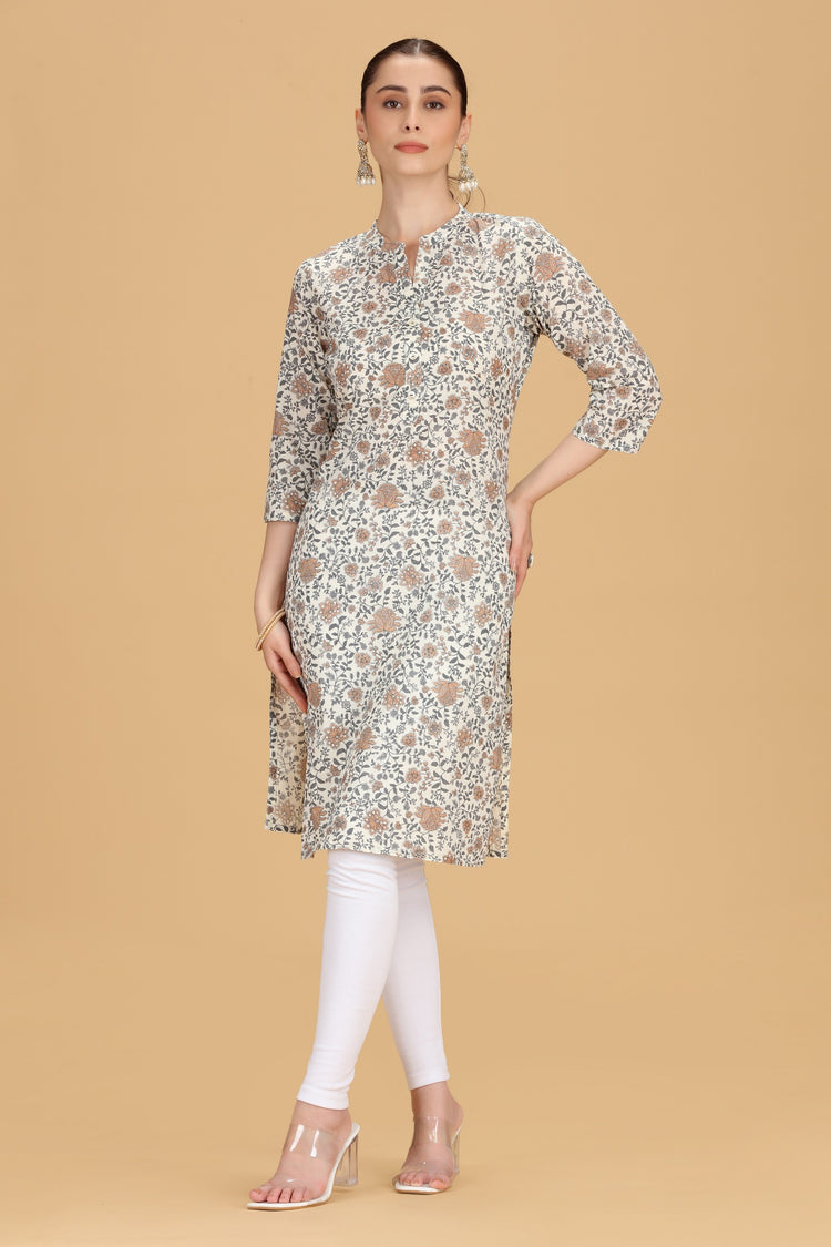 Off White Cotton Printed Straight Kurta for women