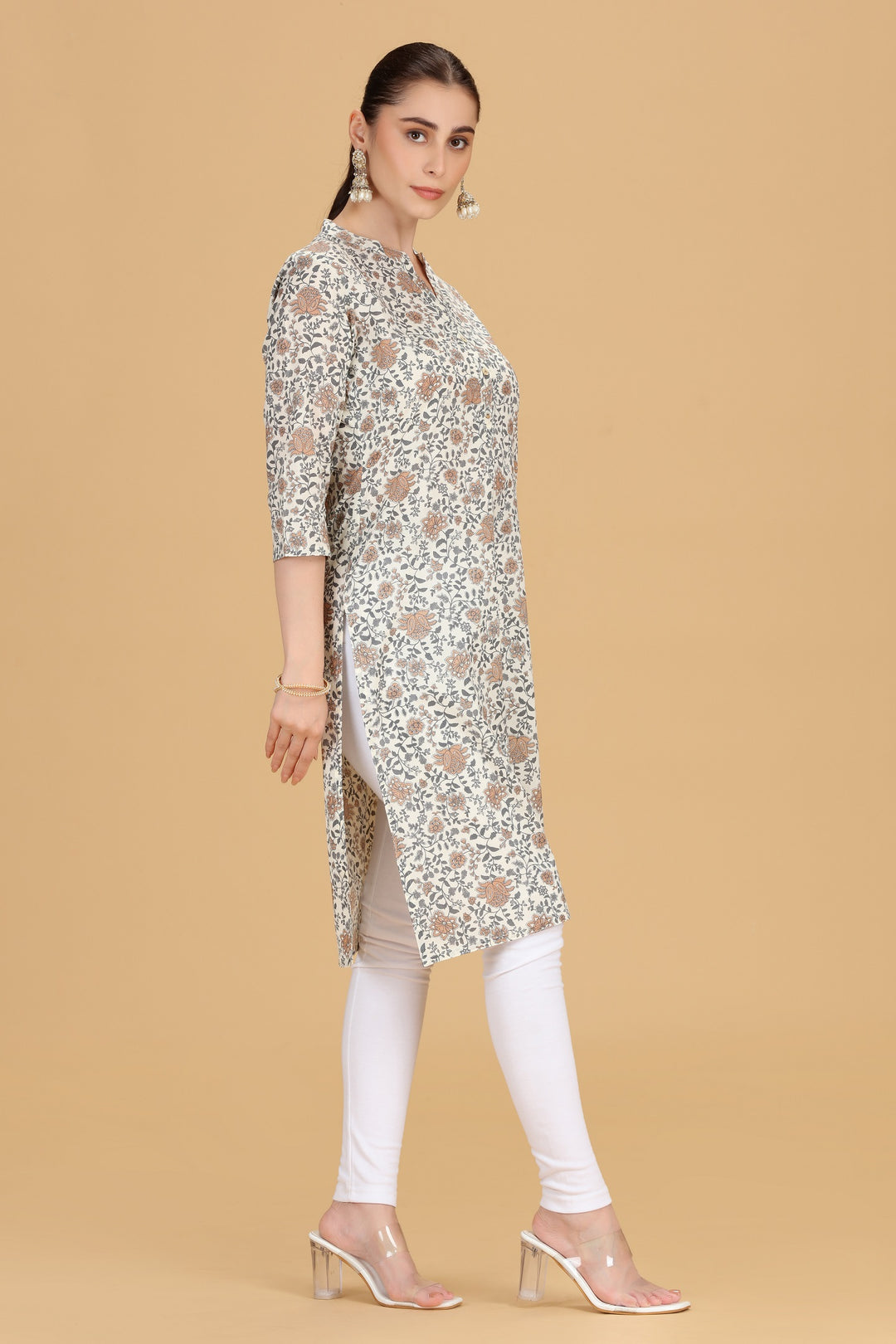 Off White Cotton Printed Straight Kurta for women