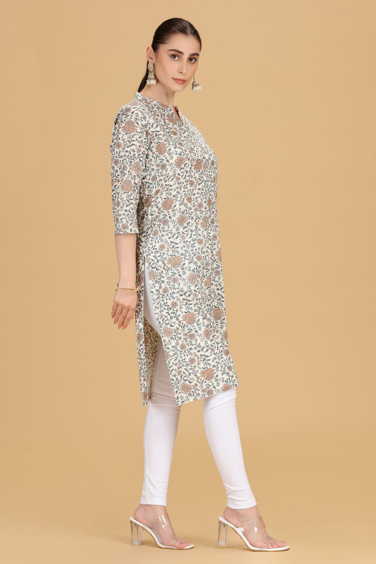 Off White Cotton Printed Straight Kurta for women