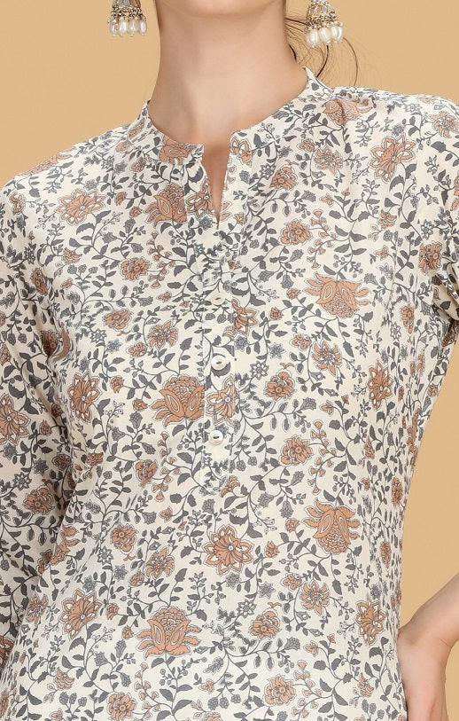Off White Cotton Printed Straight Kurta for women