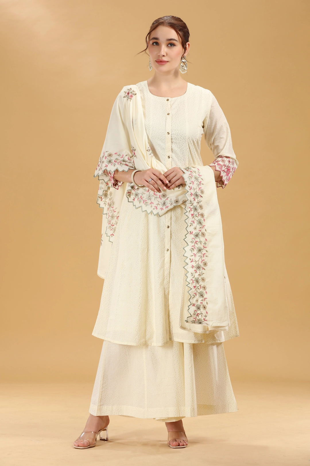 Off White Embroidered Cambric Cotton A Line Kurta Palazzo And Dupatta Suit Set for women