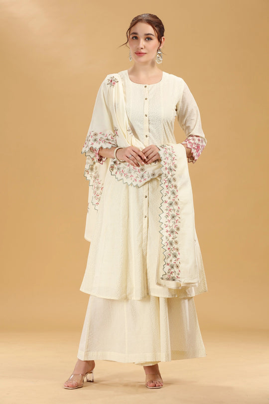 Off White Embroidered Cambric Cotton A Line Kurta Palazzo And Dupatta Suit Set for women