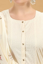 Off White Embroidered Cambric Cotton A Line Kurta Palazzo And Dupatta Suit Set for women