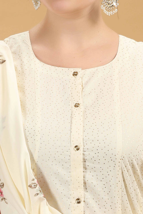 Off White Embroidered Cambric Cotton A Line Kurta Palazzo And Dupatta Suit Set for women