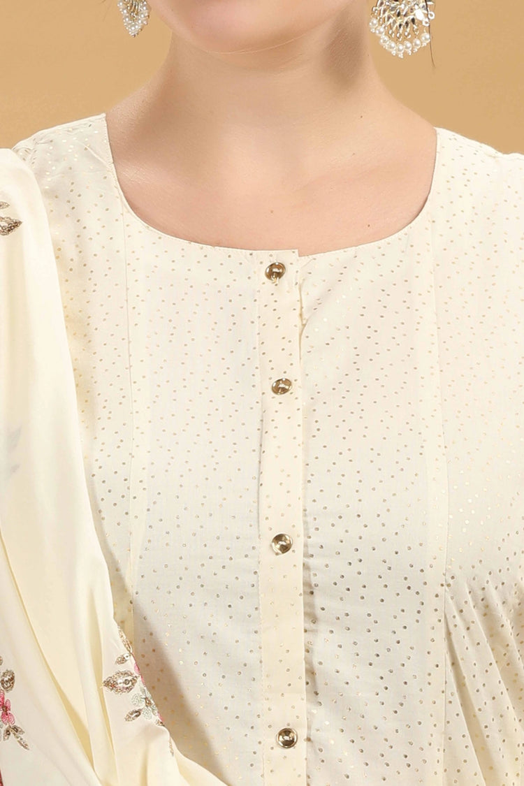 Off White Embroidered Cambric Cotton A Line Kurta Palazzo And Dupatta Suit Set for women