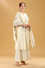 Off White Embroidered Cambric Cotton A Line Kurta Palazzo And Dupatta Suit Set for women