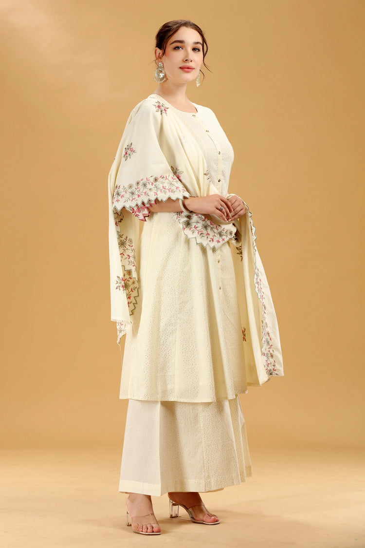 Off White Embroidered Cambric Cotton A Line Kurta Palazzo And Dupatta Suit Set for women