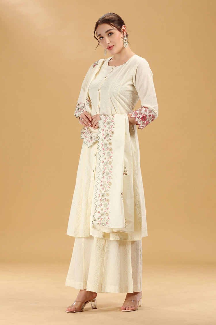 Off White Embroidered Cambric Cotton A Line Kurta Palazzo And Dupatta Suit Set for women