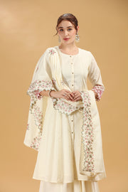 Off White Embroidered Cambric Cotton A Line Kurta Palazzo And Dupatta Suit Set for women