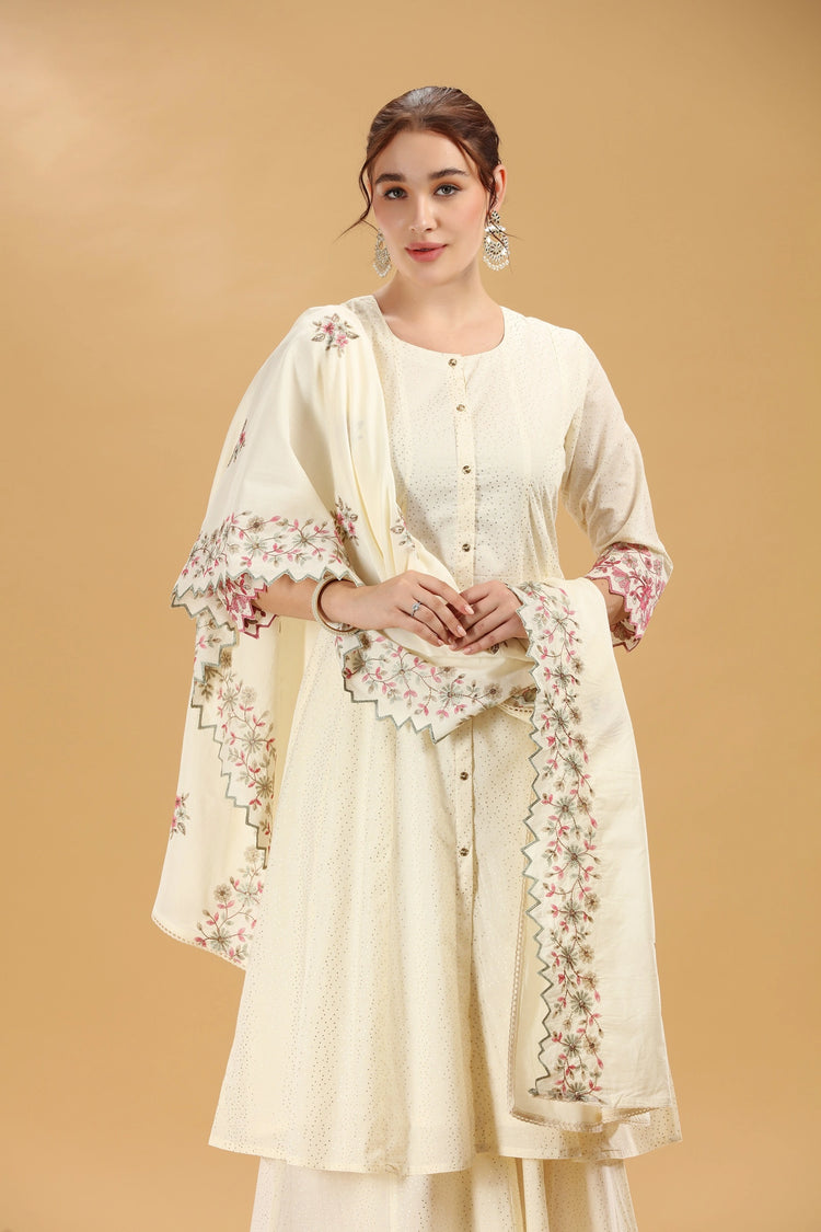 Off White Embroidered Cambric Cotton A Line Kurta Palazzo And Dupatta Suit Set for women
