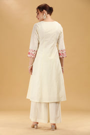 Off White Embroidered Cambric Cotton A Line Kurta Palazzo And Dupatta Suit Set for women