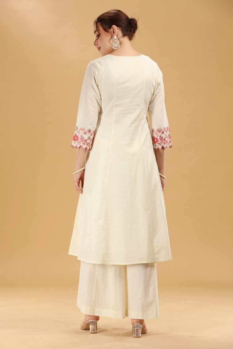 Off White Embroidered Cambric Cotton A Line Kurta Palazzo And Dupatta Suit Set for women