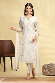 Off White Embroidered Chanderi Straight Kurta Pant And Dupatta Suit Set for women
