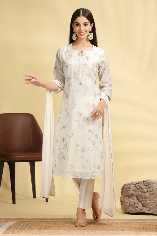 Off White Embroidered Chanderi Straight Kurta Pant And Dupatta Suit Set for women