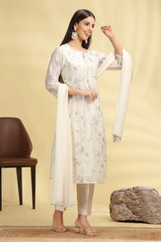Off White Embroidered Chanderi Straight Kurta Pant And Dupatta Suit Set for women