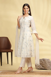 Off White Embroidered Chanderi Straight Kurta Pant And Dupatta Suit Set for women