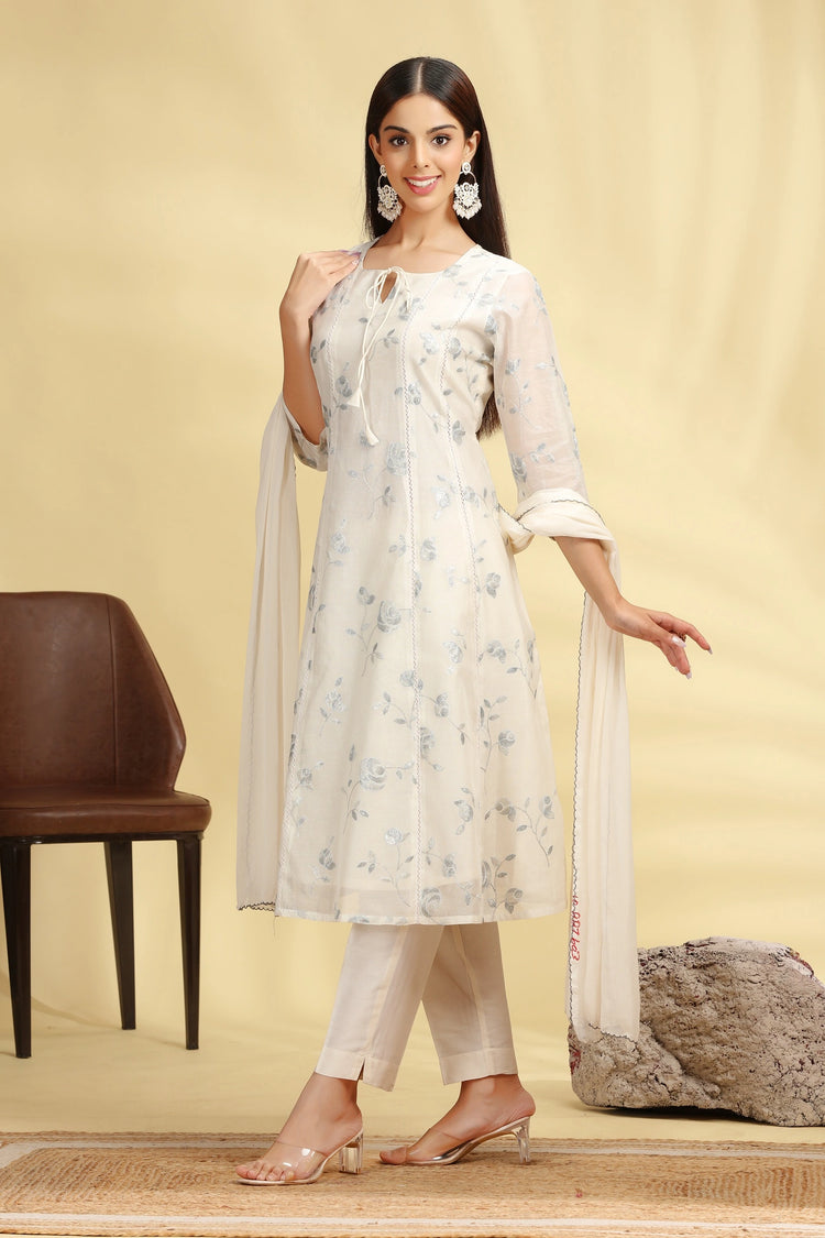 Off White Embroidered Chanderi Straight Kurta Pant And Dupatta Suit Set for women