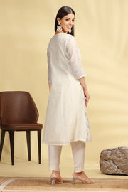 Off White Embroidered Chanderi Straight Kurta Pant And Dupatta Suit Set for women
