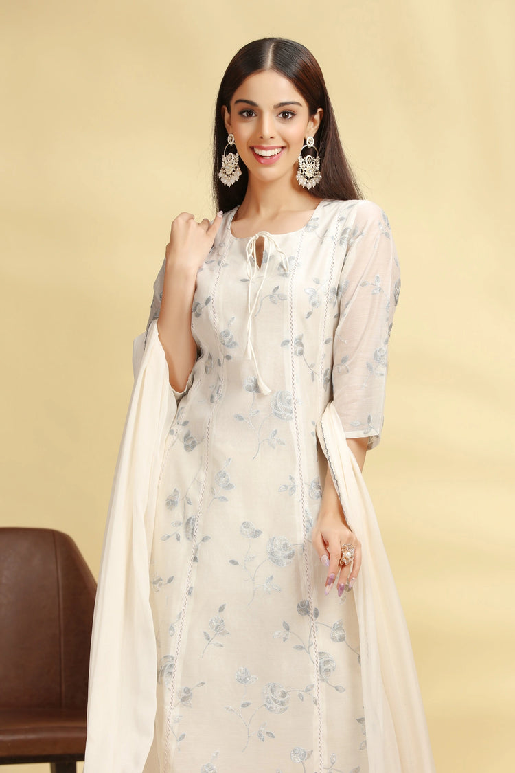 Off White Embroidered Chanderi Straight Kurta Pant And Dupatta Suit Set for women