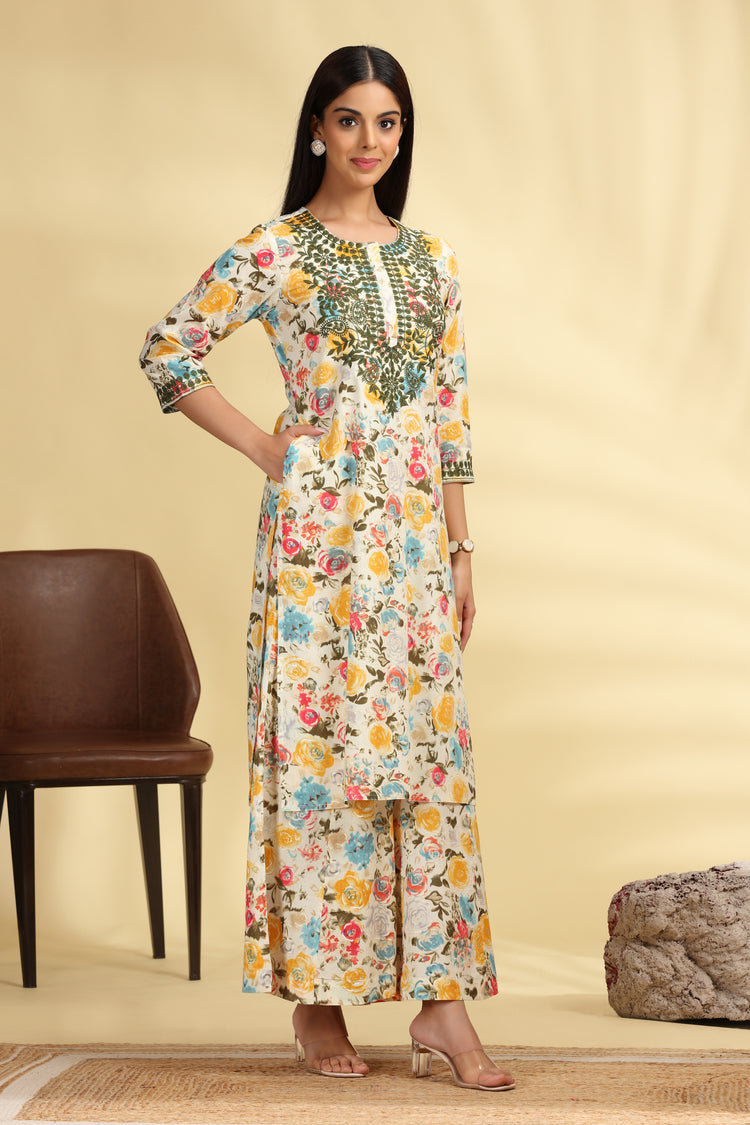 Off White Embroidered Cotton Straight Kurta Pant Co ord Set for women