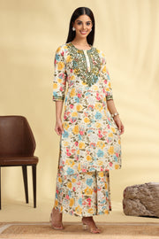 Off White Embroidered Cotton Straight Kurta Pant Co ord Set for women