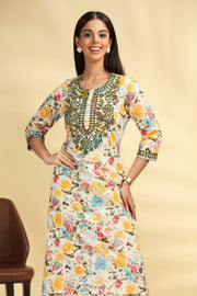 Off White Embroidered Cotton Straight Kurta Pant Co ord Set for women