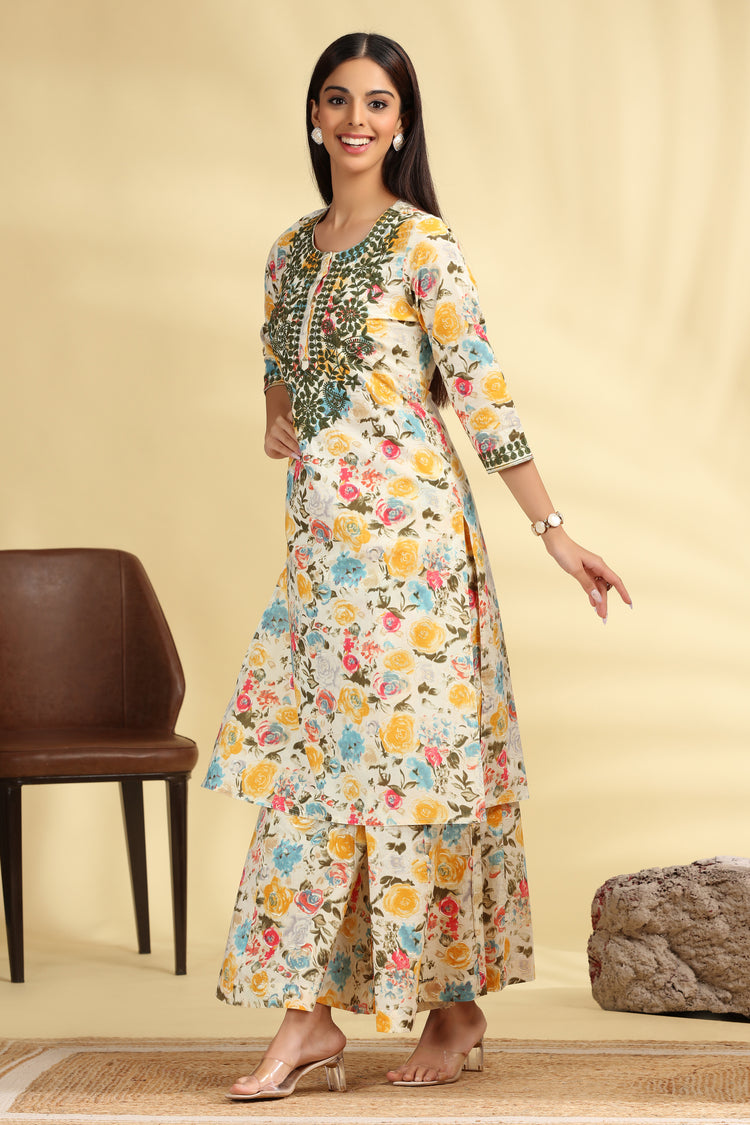 Off White Embroidered Cotton Straight Kurta Pant Co ord Set for women