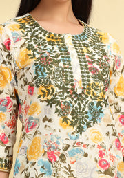 Off White Embroidered Cotton Straight Kurta Pant Co ord Set for women