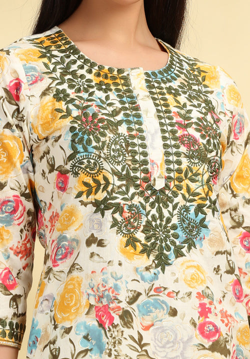 Off White Embroidered Cotton Straight Kurta Pant Co ord Set for women