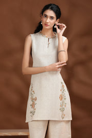 Off White Embroidered Cotton Straight Co-ord Set