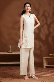 Off White Embroidered Cotton Straight Co-ord Set