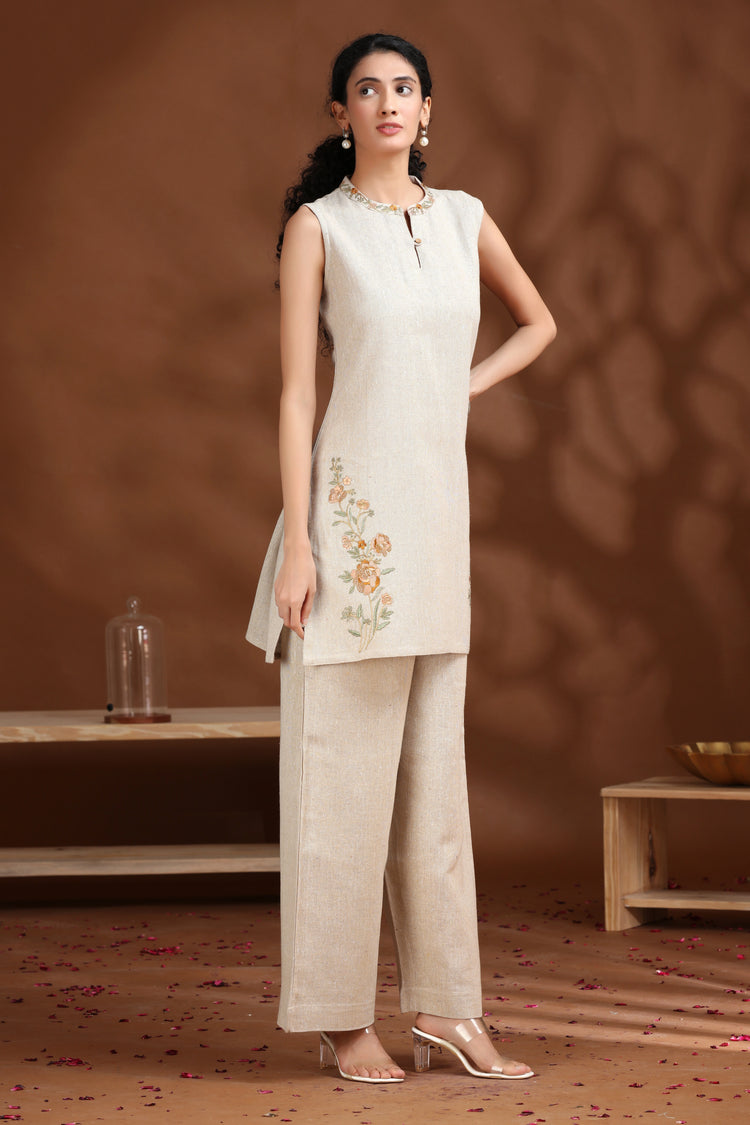 Off White Embroidered Cotton Straight Co-ord Set