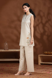 Off White Embroidered Cotton Straight Co-ord Set