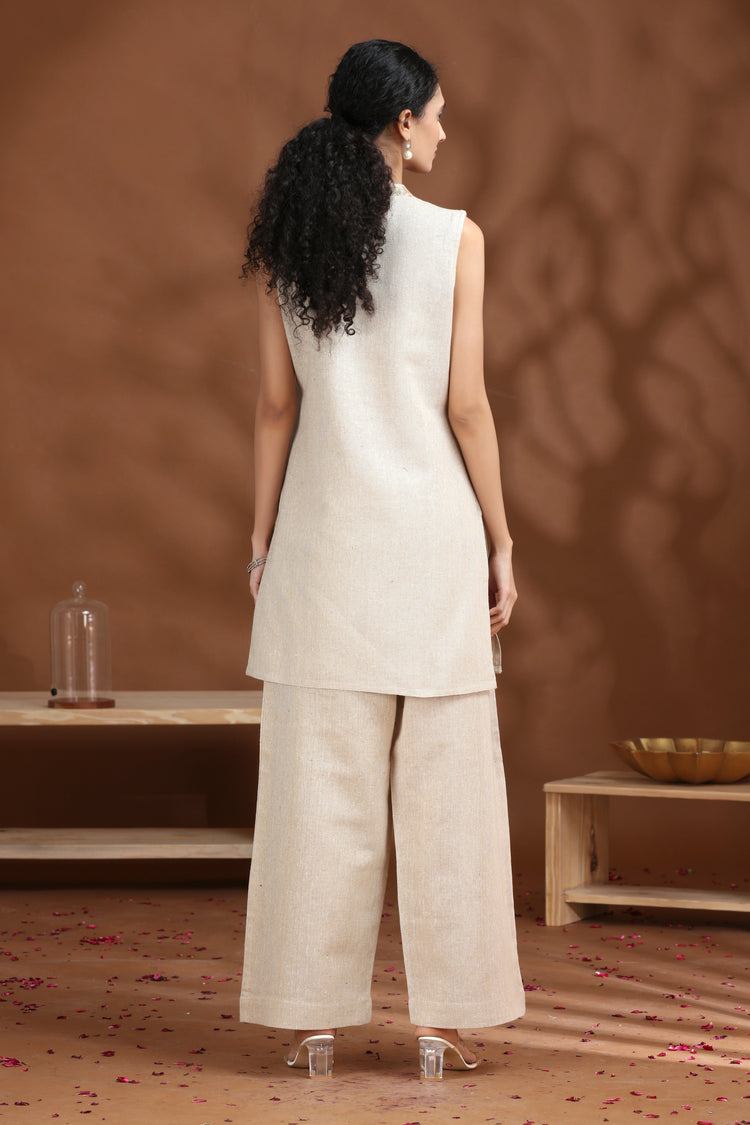 Off White Embroidered Cotton Straight Co-ord Set