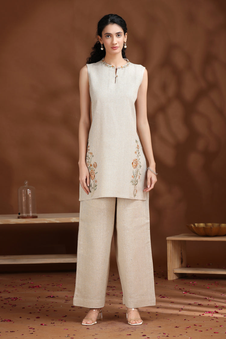 Off White Embroidered Cotton Straight Co-ord Set