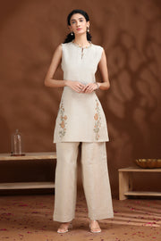 Off White Embroidered Cotton Straight Co-ord Set