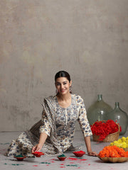 Off White Floral Embroidered Straight Ethnic Set