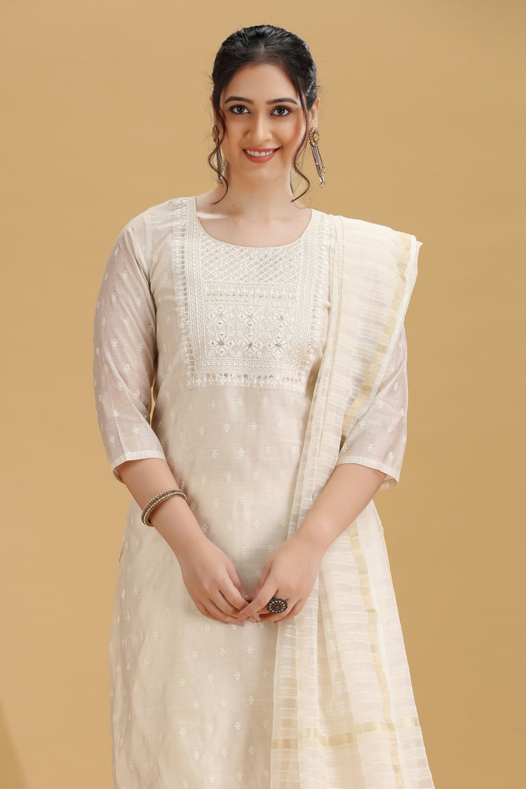 Off White Embroidered Straight Ethnic Set