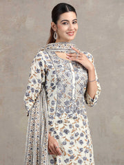 Off White Floral Embroidered Straight Ethnic Set