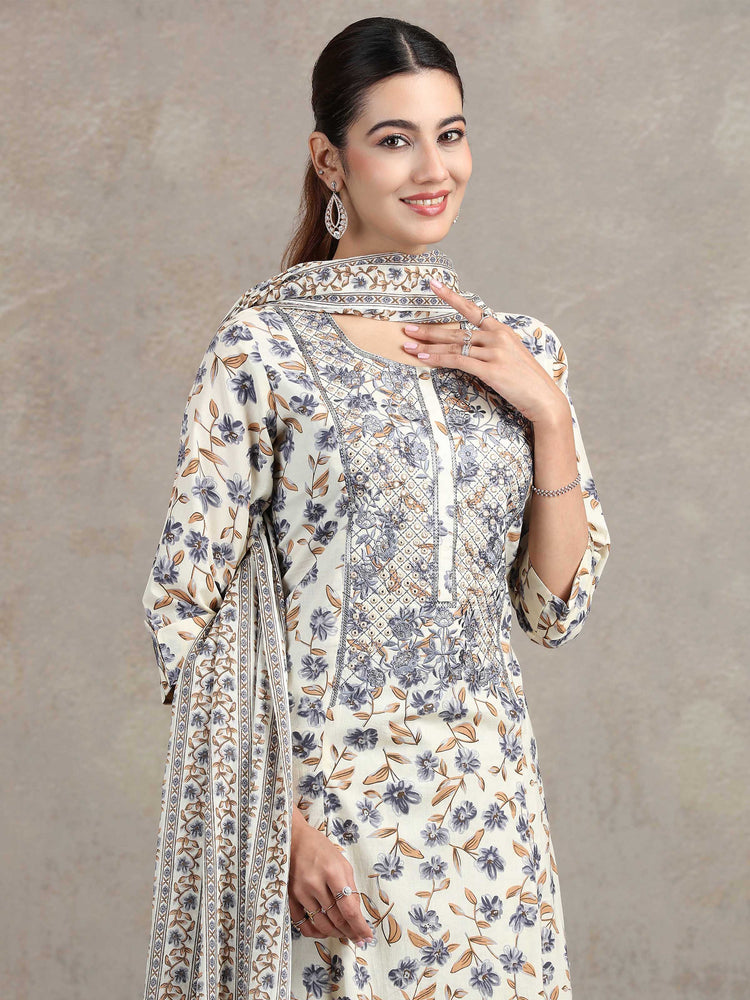Off White Floral Embroidered Straight Ethnic Set