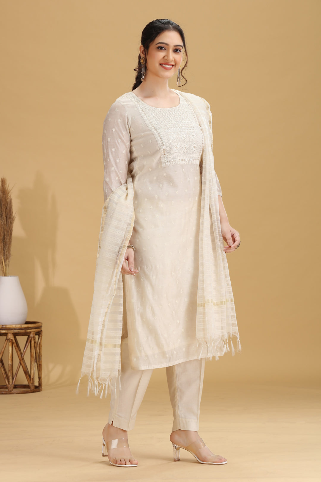 Off White Embroidered Straight Ethnic Set
