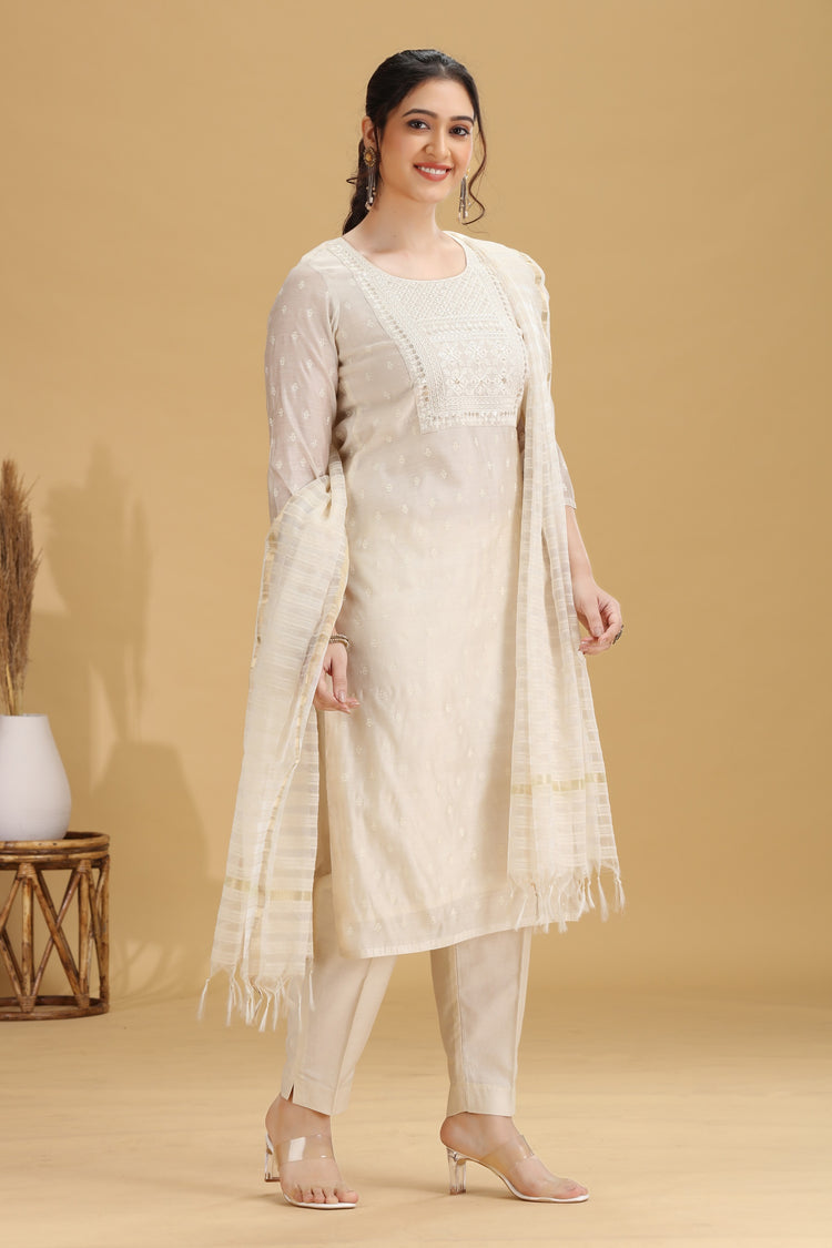 Off White Embroidered Straight Ethnic Set