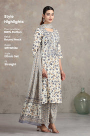 Off White Floral Embroidered Straight Ethnic Set