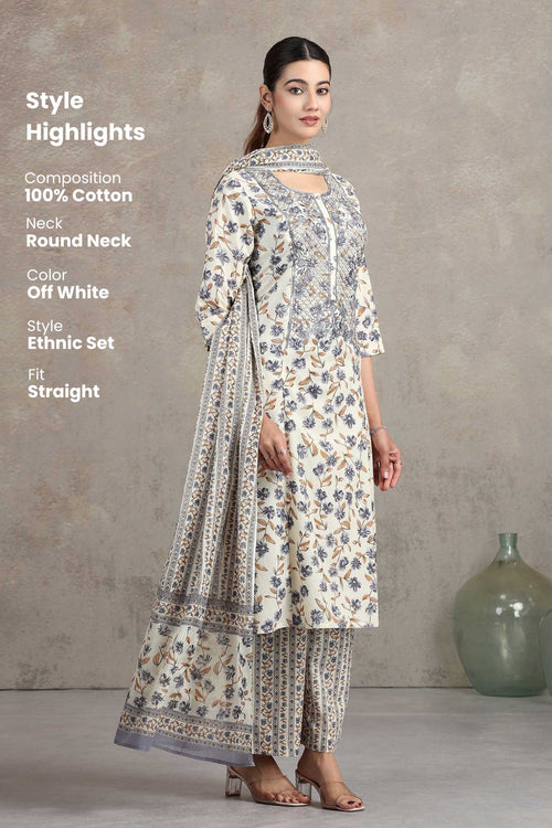 Off White Floral Embroidered Straight Ethnic Set