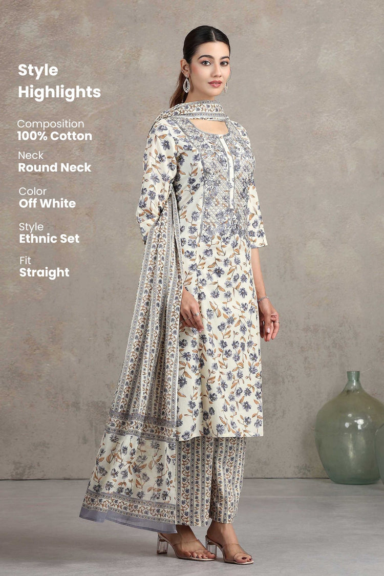 Off White Floral Embroidered Straight Ethnic Set