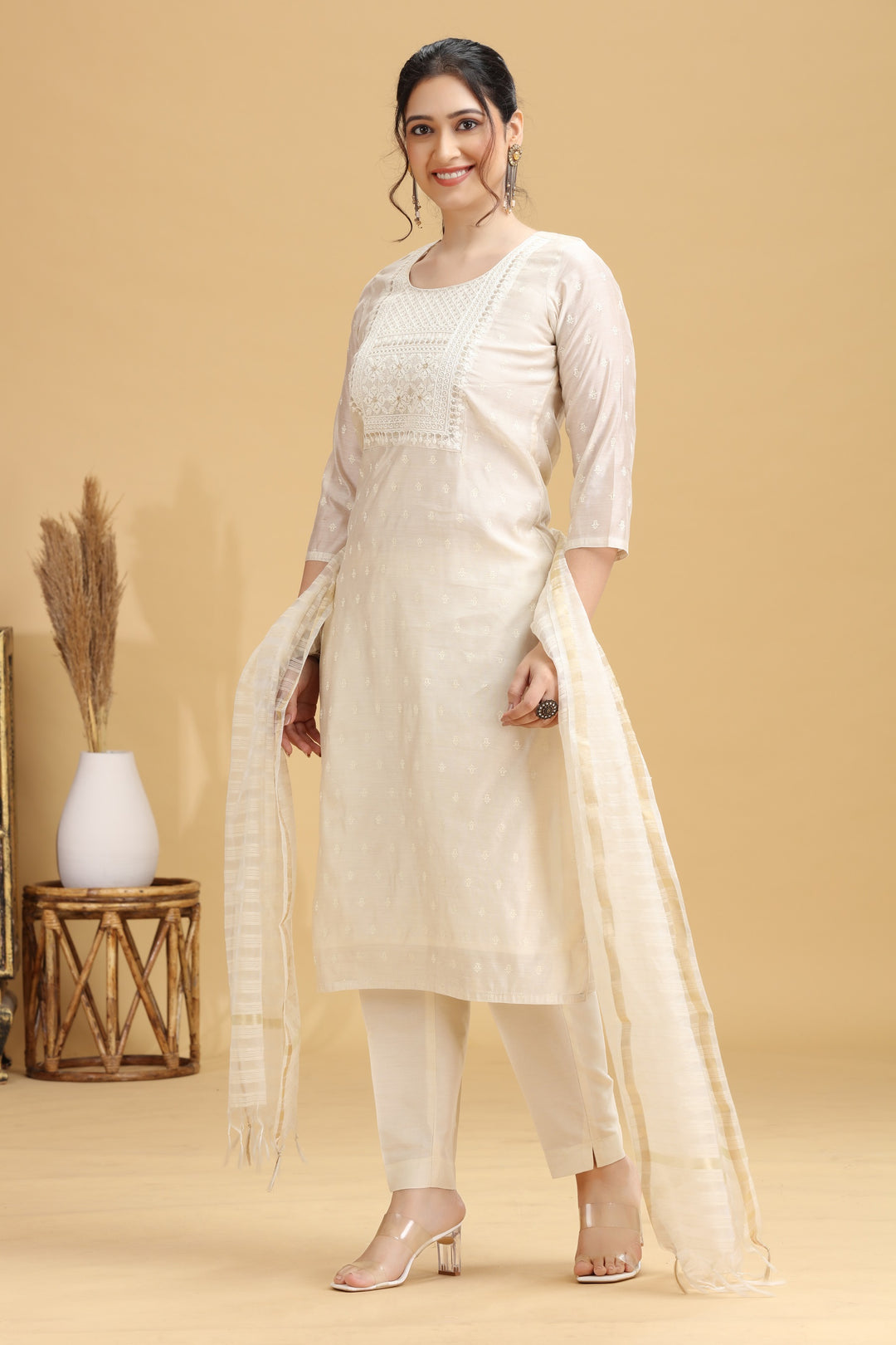 Off White Embroidered Straight Ethnic Set