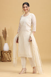 Off White Embroidered Straight Ethnic Set