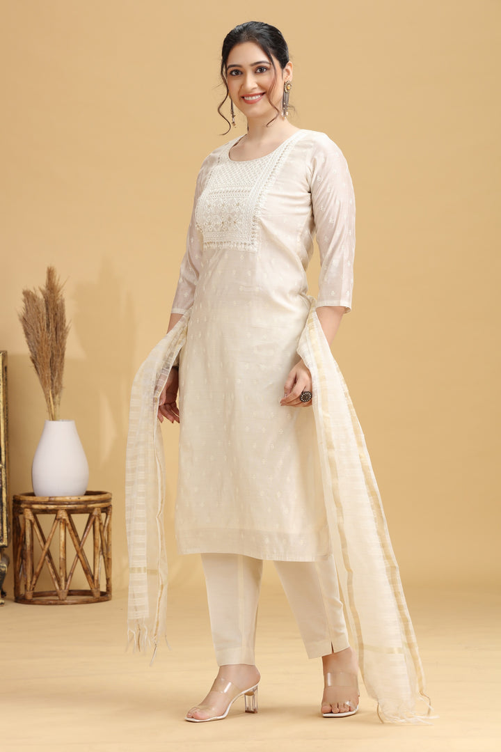 Off White Embroidered Straight Ethnic Set