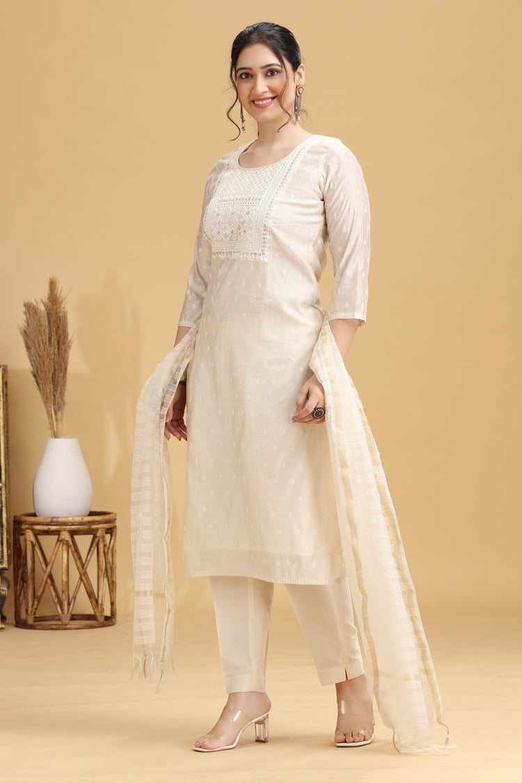 Off White Embroidered Straight Ethnic Set